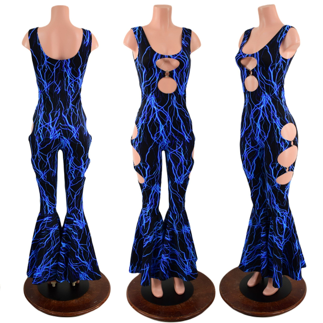 Neon Blue Lightning Oring Cutout Bell Bottom Catsuit