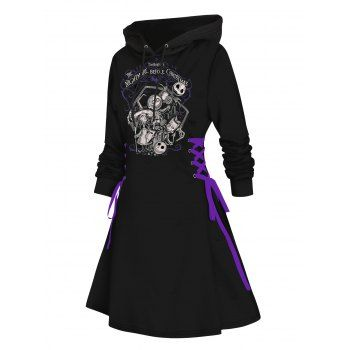Gothic Hoodie Dress for Halloween Skulls Letter Print Lace Up Drawstrings Mini Dress