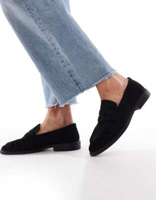 SEQWL Wide Fit Hershe ruched loafers in suedette black
