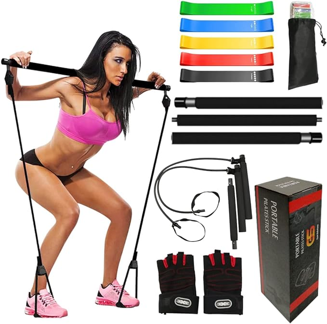 8pc Portable 36" Pilates Bar Kit w/ Gloves & Resistance Band Set