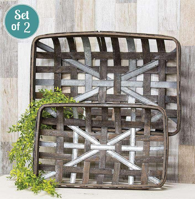 2/Set, Gray Wash Rectangle Tobacco Baskets w/Metal Strips