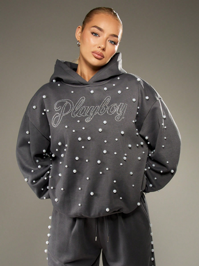 Missguided x Playboy Rhinestone Hoodie With Pearl Details