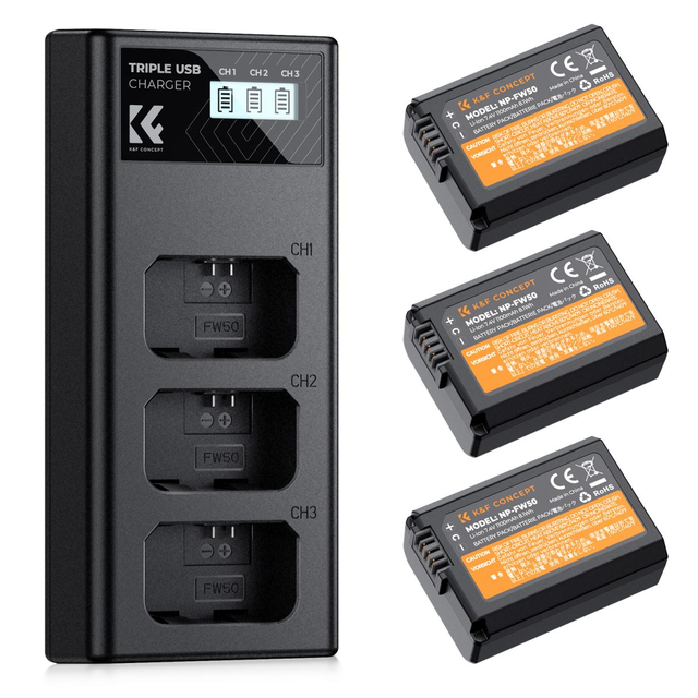 K&F Concept NP-FW50 Battery and Three Slot Charger, 3-Pack Replacement Battery for Sony ZV-E10, A6000, A6300, A6400, A6500, A5000, A5100, A7, A7II, A7R, A7RII, A7S, A7SII, RX10, 1100mAh
