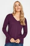 LTS Tall Dark Purple V-Neck Long Sleeve Cotton T-Shirt
