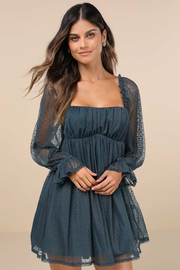 Dreamy Sweetness Dark Teal Swiss Dot Ruffled Mini Babydoll Dress