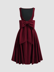 Velvet Boat Neck Bowknot Backless Midi Dress
