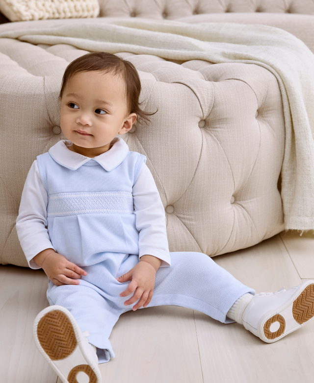 CLB Punto Ingles Blue Hand Smocked Overall Set