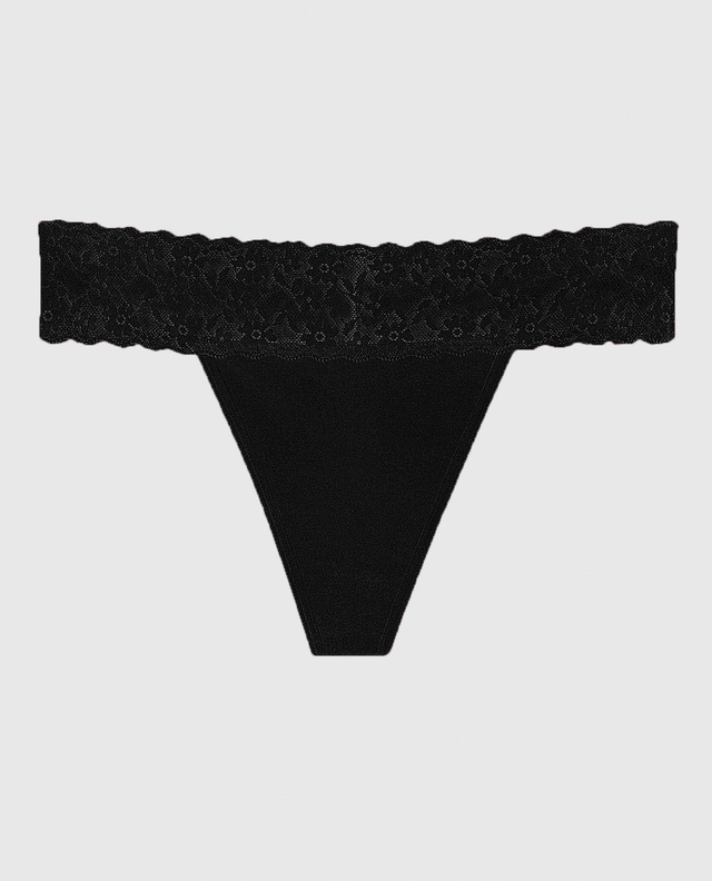 Thong Panty With Lace Trim in Tuxedo Black