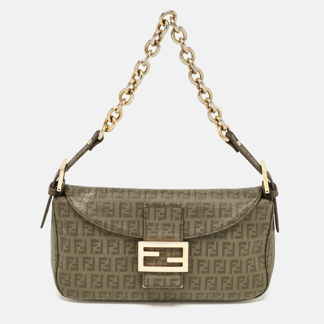 Fendi Green Zucchino Coated Canvas Forever Baguette Bag