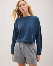 Womens Relaxed Crop Long Sleeve Tee - Pigment Dye Jersey - Moonlit Ocean