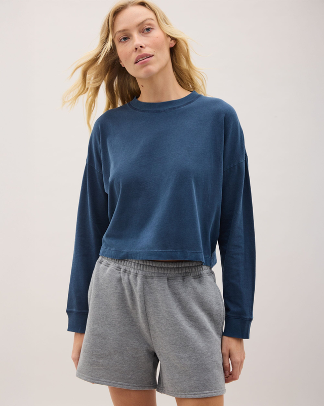 Womens Relaxed Crop Long Sleeve Tee - Pigment Dye Jersey - Moonlit Ocean