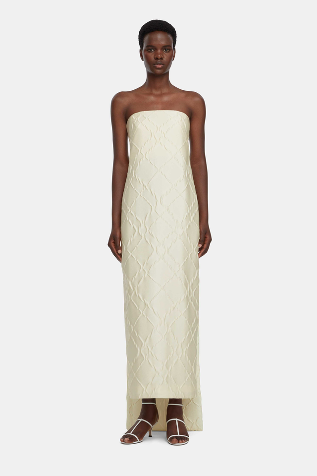 Hattie Strapless Dress In Ivory Geometric Jacquard