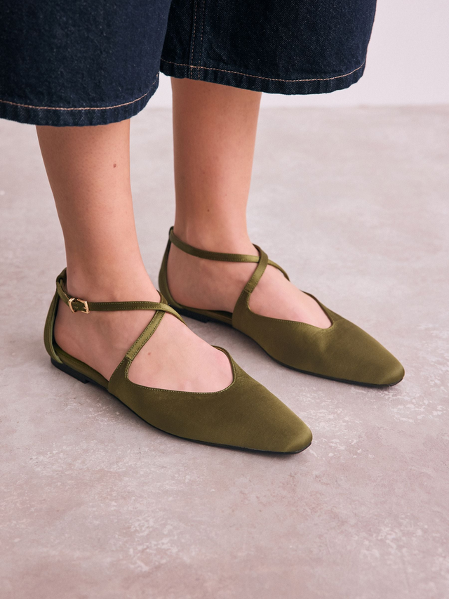 Green Satin Pointed Toe Ankle Strap Shoes