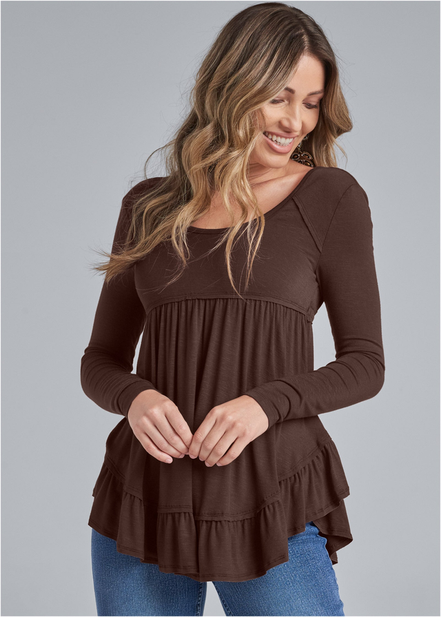 Long sleeve babydoll top - Dark Brown