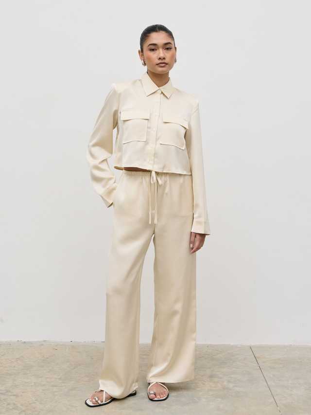 Breya Satin Drawstring Trousers - Oyster