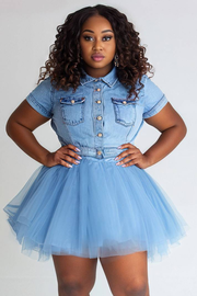 Xpluswear Design Plus Size Vacation Tulle Light Blue Casual Shirt Collar Short Sleeve Contrast Denim Mini Dresses [Pre-Order]