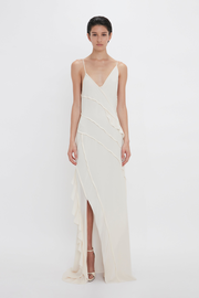 Asymmetric Bias Frill Dress In Ivory