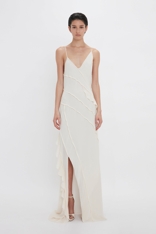 Asymmetric Bias Frill Dress In Ivory