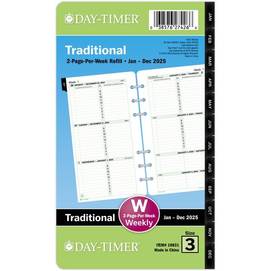 Day-Timer® January 2025 – December 2025 Two Page Per Week Original Planner Refill, Loose-Leaf, Portable Size, 3 3/4" x 6 3/4"