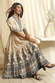 Off-White and Black Cotton Printed Tiered Dress