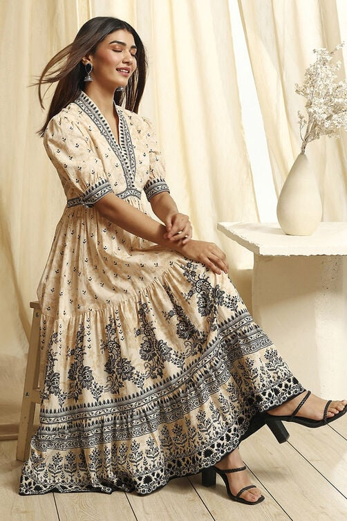 Off-White and Black Cotton Printed Tiered Dress