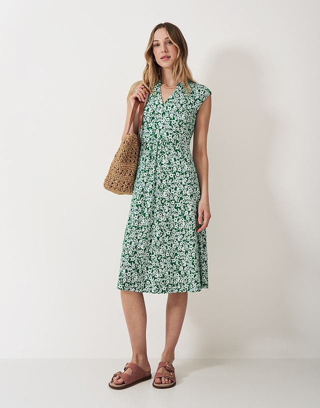 Nina Sleeveless Jersey Dress in Green Floral Print