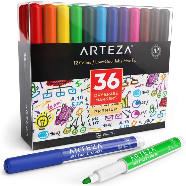 Dry Erase Markers, 12 Assorted Colors, Fine Tip - Set of 36