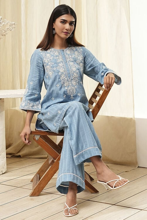 Blue Cotton Embroidered Straight Kurta Set