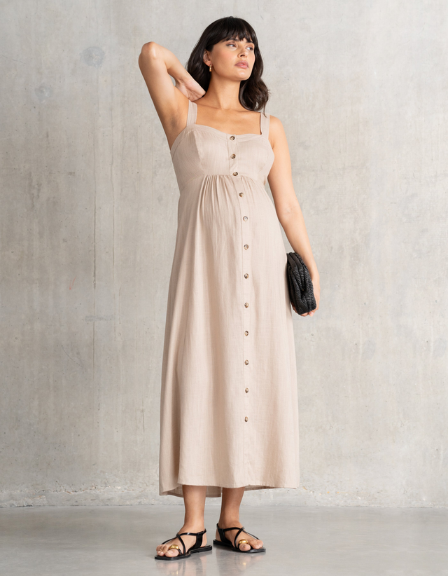 Linen-Blend Button-Front Midi Maternity and Nursing Dress