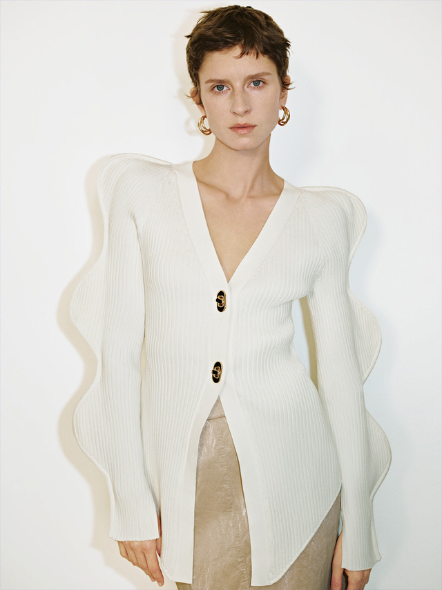 Wave Sleeve V-Neck Knitted Cardigan