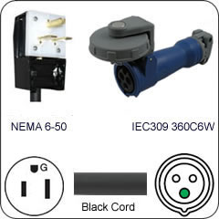 Plug Adapter NEMA 6-50 Plug to 360C6W Connector 1 Foot Cord