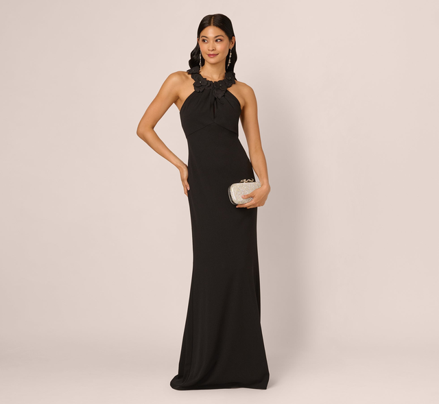 Floral Embellished Crossover Halter Gown In Black