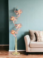 73" Gold Floral Floor Lamp with Pink Glass Shades – Stylish 4-Light LED Design for Glamorous Spaces