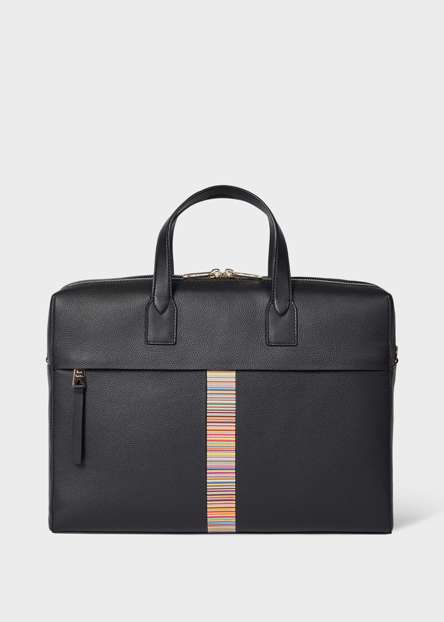 Black Leather 'Signature Stripe' Trim Double-Zip Folio