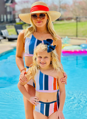 Mom & Me Muted Stripes One Shoulder Bikini Swimsuit
