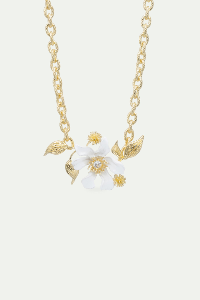 Large White Clematis Flower - Japanese Kerria and Laurel Necklace