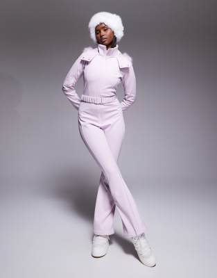 ASOS 4505 Ski soft shell belted ski suit with slim kick leg and faux fur hood in pink