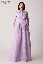 Metallic Organza Shirtwaist Gown with Branch Motif