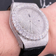 Moissanite Crown Hip Hop Bling Bustdown Leather Watch 20 Carats