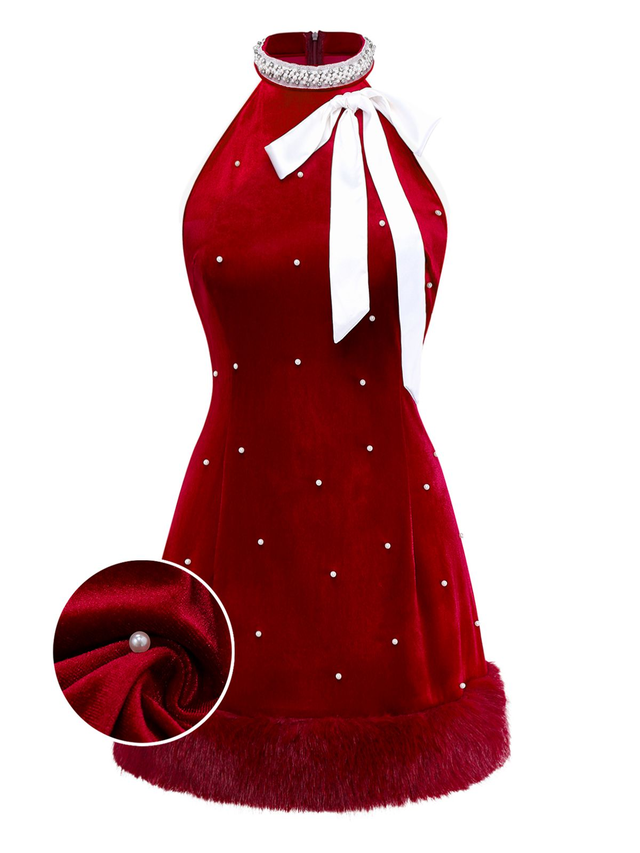 [Pre-Sale] Red 1960s Pearl Fringe Christmas Velvet Dress