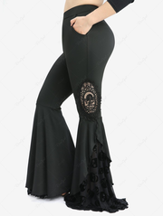 Plus Size Skull Mesh Flocking Ruffles Floral Applique Pockets Flare Pants