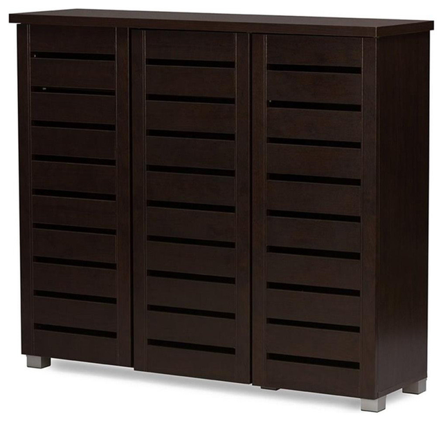 Baxton Studio Adalwin 3 Door Shoe Cabinet in Dark Brown