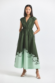 Nara Cotton Poly Poplin Applique Dress - Fatigue-Seafoam