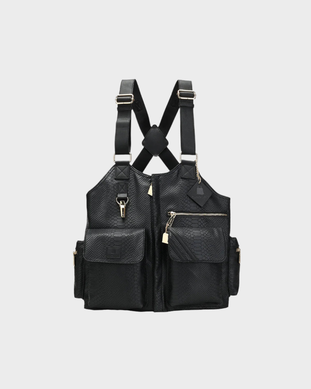 Black Tactical Leather Mens Vest