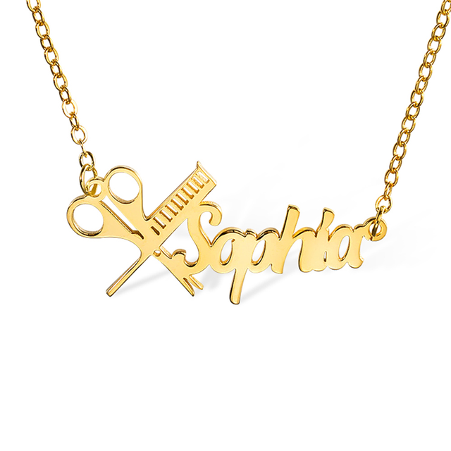 Personalized Hairdresser Name Necklace, Scissors and Comb Necklace with Custom Name, Nameplate Necklace, Gift for Hairdressers/Hairstylists/Barbers