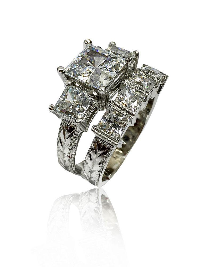 Hand Engraved 3 Stone Ring with Wedding Band Princess Cubic Zirconia